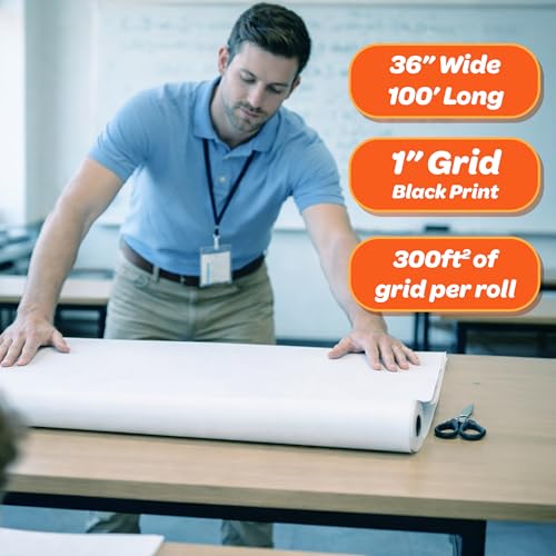 Geyer Instructional 1 Inch Graph Paper Roll – 36” x 100’ Black Grid, Large Format Blueprint Paper, 24 lb Bond for Classroom, STEM, Math & Design Projects