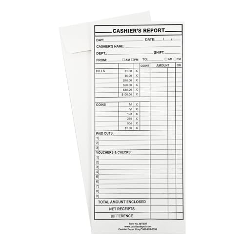 1000 Cashier Depot - Cashier’s Report Envelopes MT235 – 4 1/2" x 10 3/8", White 24lb Paper, Cash Deposit Report, Money Envelopes for Retail, Restaurants, Hotels, Small Business, Gum Flap, 1000 Count