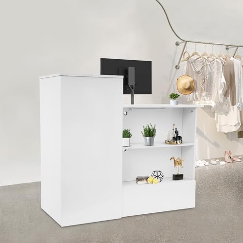 LuYuLTONG Reception Desk with LED Lights, Front Counter Desk with Lockable Drawer, L Shaped Retail Counter with Open Shelving, Checkout Computer Workstation for Salon Lobby Home Office(White)