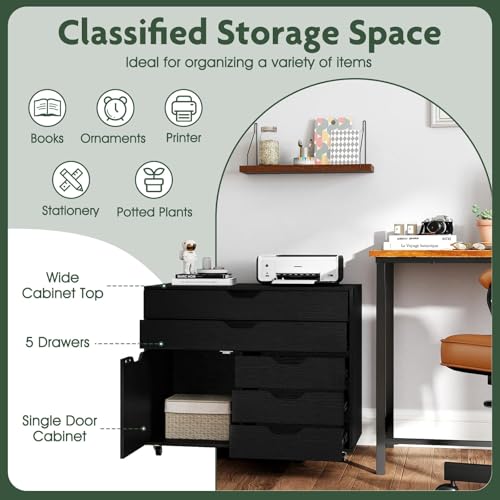 LOKO 5-Drawer Mobile File Cabinet, Wood Office Storage Cabinet (Black)