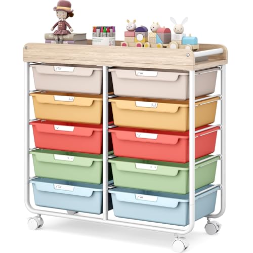 10 Drawer Rolling Storage Cart with Wood Top for Classroom Crafts Colorful