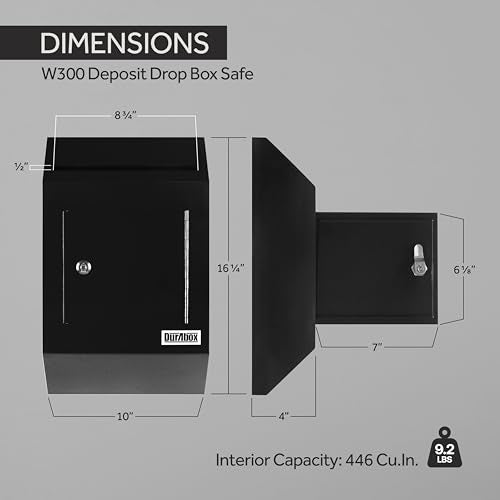 Durabox Drop Box Deposit Safe 10 x 4 x 16” Heavy Duty Steel with Slim Profile Wall Mailbox with Wide Deposit Slot for Letters, Documents Checks and Cash for Home, Office & Commercial (W300) (Black)