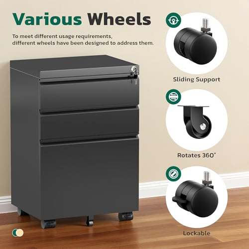 Greenvelly 3 Drawer Mobile File Cabinet with Lock, Fully Assembled Rolling File Cabinet Except Casters, Under Desk File Cabinet with Wheels for Home Office Fit Legal/Letter/A4 File (Assembled, Black)