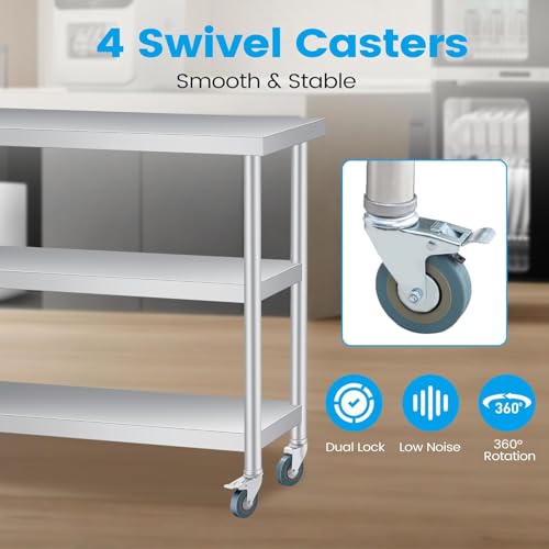 COZONY Stainless Steel Work Table with Lockable Casters, 18 x 36 in, 3-Tier Commercial Kitchen Prep Table, Metal Utility Table for Food Preparation, Restaurant, Garage, Laundry, Outdoor, Indoor