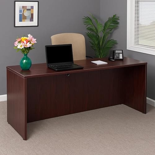 Benzara Jeny 71 Inch Office Credenza Shell with Modesty Panel, Mahogany Red