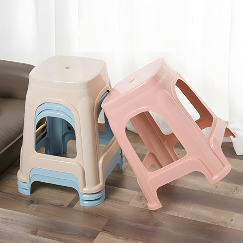 Mitoydoe 6 Pack Classroom Stools for Kids, Stackable Plastic Stools with Anti-Slip Bottom & Carry Hole, Round Seats in Pink/Light Blue/Khaki for School, Playroom, Home Mix Color