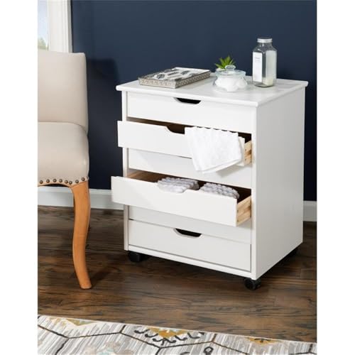 Riverbay Furniture Six Drawer Wood Rolling Cart, 20.75" w x 15.13" d x 25.5" h, White Wash Finish, Wide Drawers, Contoured Handles, Mobile Storage for Office, Kitchen, Bedroom