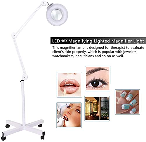 DFEDHF Magnifying Floor Lamp, Glass Adjustable Stable Rolling Floor Standing Magnifier Light, 16X Magnifier Rolling Wheels Cold Light for Salon Facial and Home