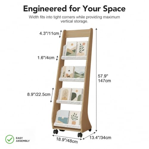 Quvex 4-Tier Magazine Rack with Wheels, 57.8" Tall Curved Display Stand
