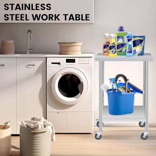 36"X24" Stainless Steel Work Table – Heavy Duty Food Prep Table with 4 Wheels & Casters – for Commercial Kitchen, Garage Restaurant Backyard