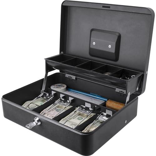 Barska 12-Inch Cash Box with Key Lock – Standard Register Style, 4 Bill Compartments, 5 Coin Tray Sections, Steel Construction, Portable Money Box Home, Events- Cash box with Money Tray and Lock