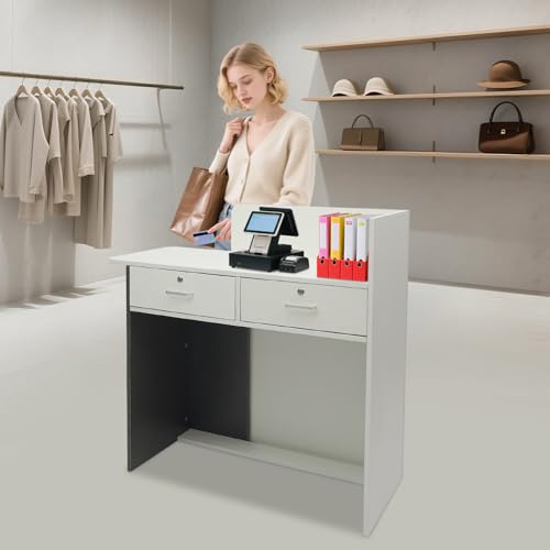 Reception Desk with Counter, Modern Front Desk Reception Room Table with LED Light, Lockable Drawer, Cable Hole, Retail Counter for Checkout, Office, Beauty Salon, Lobby, 39.37*17.72*39.37in (Grey)