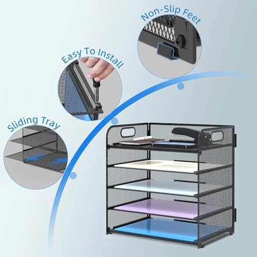 Desk File Organizer, 5-Layer Grid Desktop with Handles, Paper Sorter, Thick Black