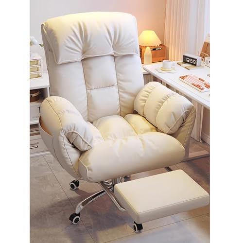 Executive Leather Office Chair, Big and Tall Office Chair with Footrest, Ergonomic Computer Desk Chair, Reclining Office Chair with Adjustable Angle(White)