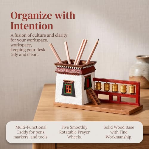 JYSWDZ Handmade Wooden Desktop Pen Holder, Tibetan Architecture Pen Holder, With Rotatable Prayer Wheels, Ethnic Decor Pencil Pot, Solid Wood Painted Creative Ornaments, For Holiday Gifts White