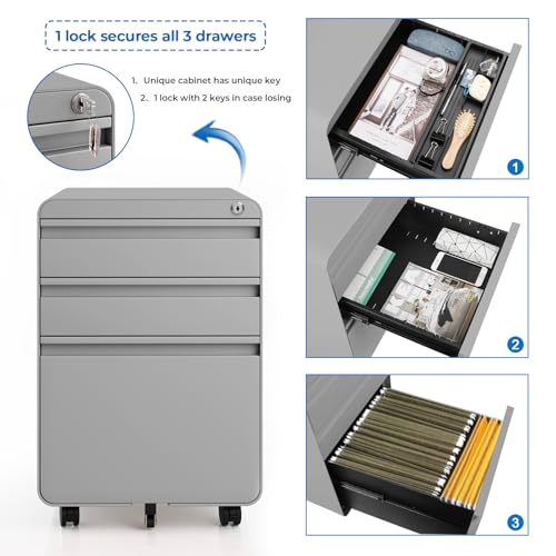 Dripex 3 Drawer Metal Rolling File Cabinet Under Desk Filing Cabinet Grey