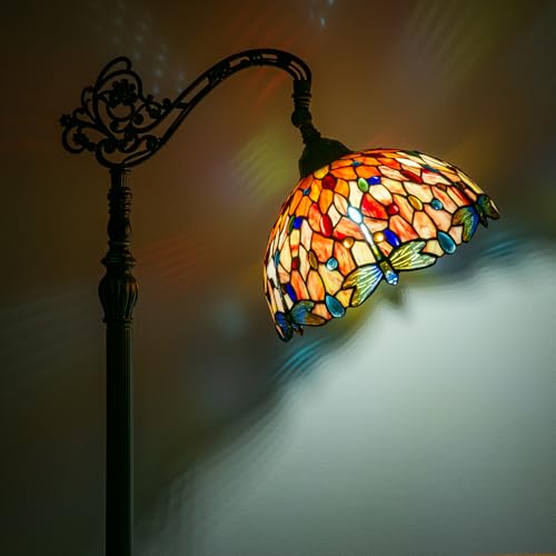 GILGGAK Tiffany Style Floor Lamp Orange Red Dragonfly Stained Glass Arched Lamp 12X18X70 Inches Gooseneck Adjustable Corner Standing Reading Light Decor Bedroom Living Room