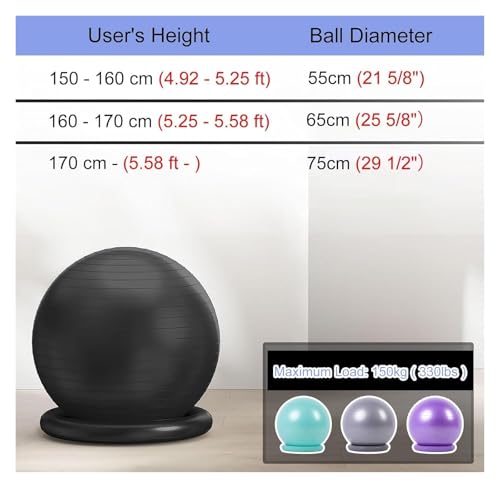 Yoga Ball Chair,Yoga Ball，Exercise Ball, Office Ball Chair with Base & Pump Stability Yoga Ball Seat for Back Pain Relief Home Gym Exercise Ball Chair for Core Strength Training(Black,Diameter 55cm (