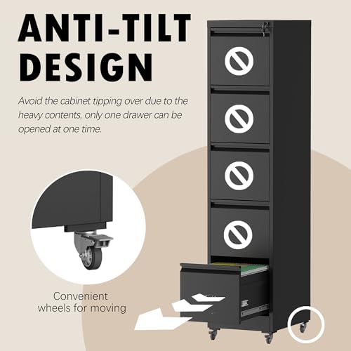 FOSTOKO File Cabinet with Wheels, 5 Drawer Metal File Cabinet, Black