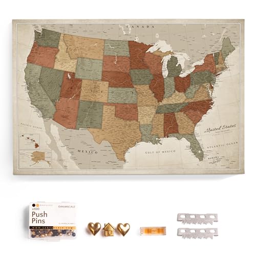 USA Map Canvas Wall Art with Cork Pin Board – Decorative Push Pin Travel Map for Home, Office, Living Room, Bedroom (70x50cm - Pattern 02)