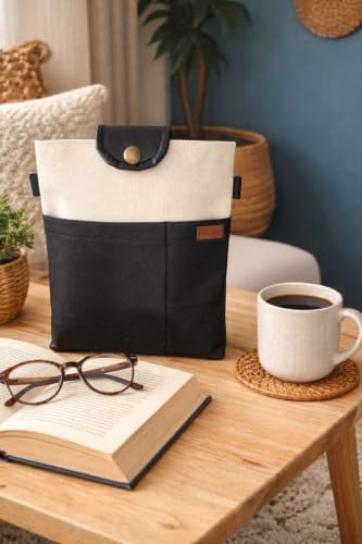 Book Cover Case for Planners and Notebooks Multifunctional Pocket Bag Black Faux Leather and Woven Fabric Design Handmade