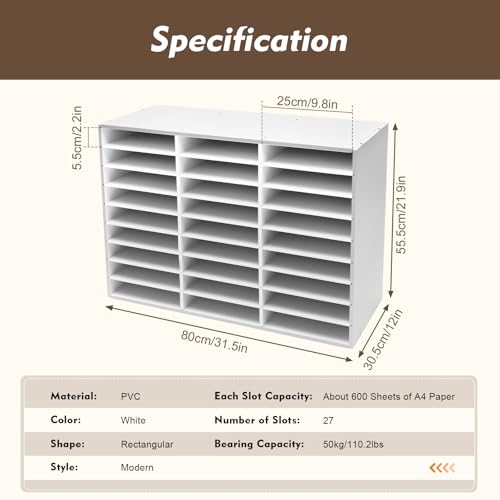 KSSTEVNBD Literature Organizer Adjustable 27 Compartments Desktop File Sorter Mail Center Paper Storage Organizer Student Mailboxes for Classroom Home(White)/White