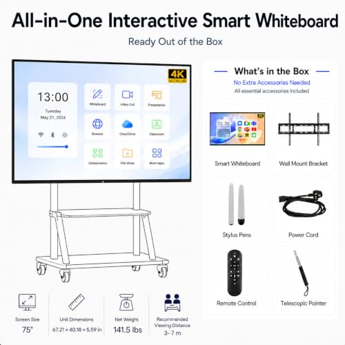 75" 4K Interactive Smart Whiteboard, Touchscreen TV, Digital Whiteboard for Office & Classroom - Android & Windows Dual System, Wireless Screen Sharing for Meetings & Teaching - Wall Bracket Included