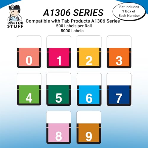 Doctor Stuff - File Folder Labels, Complete Set of Numbers 0-9, Tab Products 1306 Match - A1306 Series Chart Stickers, 1" x 3/4", 1 Each of 10 Rolls, 500/Roll