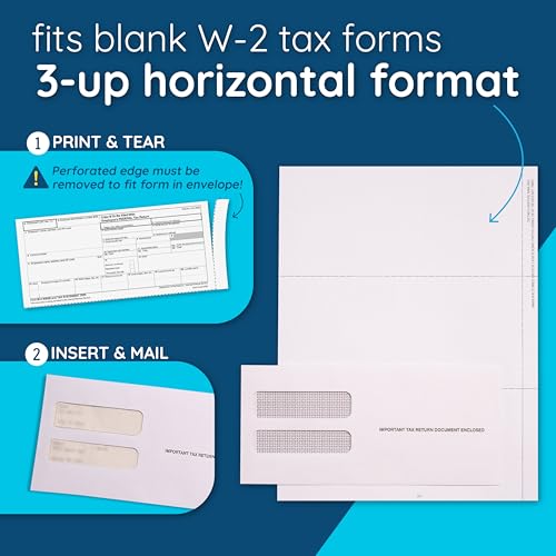 Blue Summit Supplies 100 W2 Tax Envelopes, 3-Up, Self Seal, Security Tint