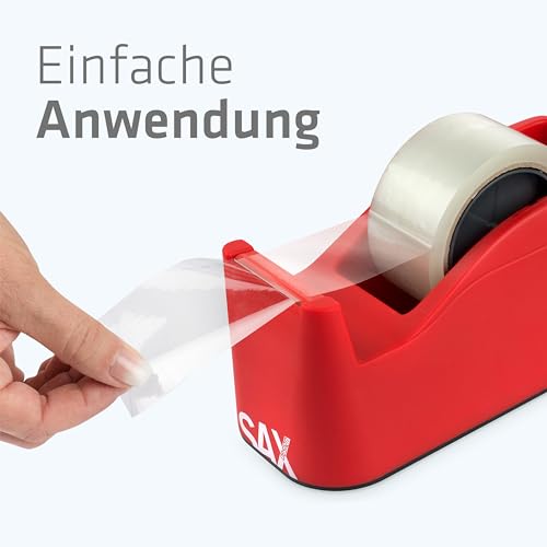 SAX Tape It Easy XXL Single Hand Tape Dispenser Extra Heavy for 1 x 50 mm Tape or 2 x 25 mm Tape, Parcel Tape Dispenser with Pen Holder Function, Non-Slip, Includes Double-Sided Blade, Red