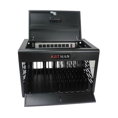 16 Device Tablet Charging Station Lockable Cabinet, Steel Laptop & iPad Charging Cart with Cord Management, Wall Mount Charging Cabinet for Tablets Chromebooks Laptops for Classroom School Office,Blac