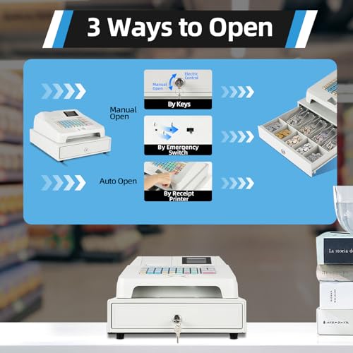 Cash Register for Small Businesses, Electronic Cash Register with Locked Money Drawer Box, Cashing System Restaurant with 4 Bill & 5 Coin Slots, 48 Keys, Advanced POS System, Fast Printing