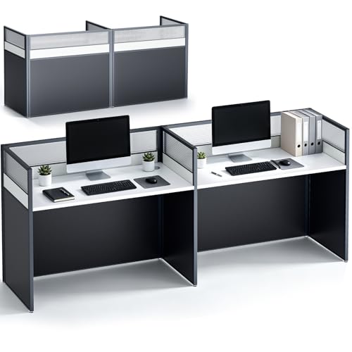 Office Cubicle Desk, 2 Person Office Cubicle Workstation with 3-Sided Acrylic Privacy Partition & Noise Reduction, 220lbs Capacity Wooden Cubicle Desk with Cable Management, for Home, Offices Business