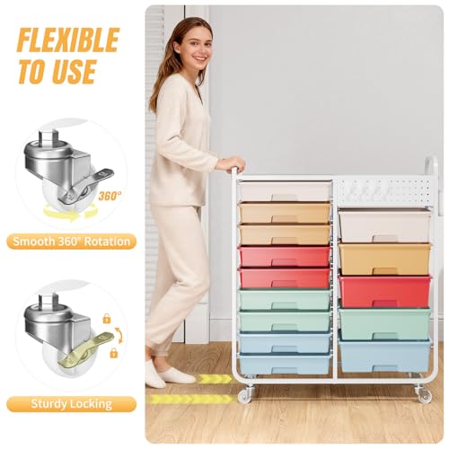 14 Drawer Rolling Storage Cart with Tabletop and Pegboard for Craft Color