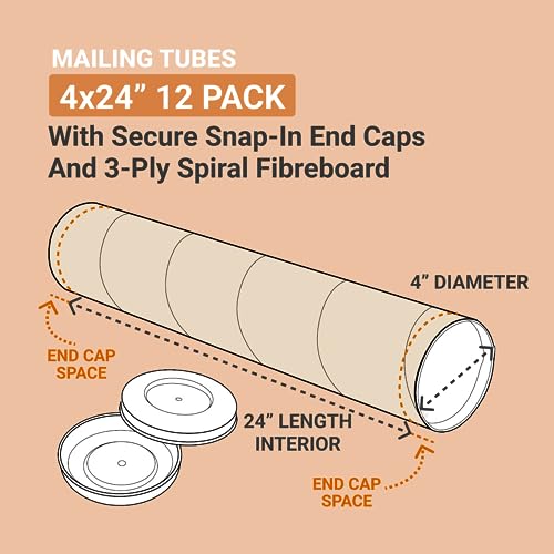 BOX USA Cardboard Tubes with Caps, 24"L x 4"W x 4"H, Pack of 12 | Poster Tube for Mailing and Storage of Blueprints, Artwork, Crafts, Long Art Holder, 24 inches