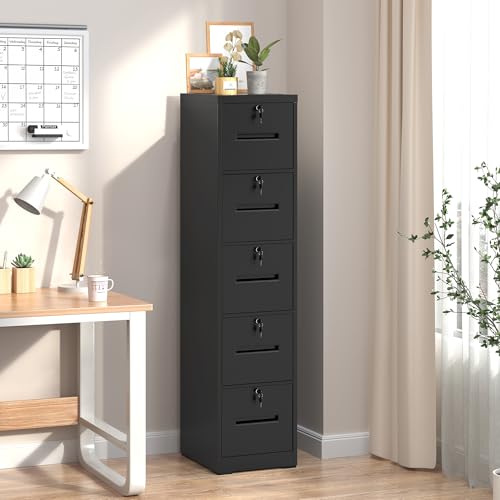 VIYET File Cabinet 5 Drawer with Lock, Vertical Filing Cabinets for Home Office, Metal Steel Storage Cabinet for Letter/Legal Size File, Assembly Required(Black)
