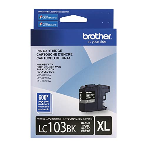 Brother Genuine High Yield Black -Ink -Cartridge, LC103BK, Replacement Black -Ink, Page Yield Up to 600 Pages, Amazon Dash Replenishment -Cartridge, LC103, 1 OEM -Cartridge