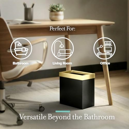 Gatco Small Bathroom Trash Can With Lid, Rectangle 3 Gallon Stainless Steel Wastebasket, Under Sink, Matte Black And Brushed Brass, For Bathroom, Bedroom, Office (1938)
