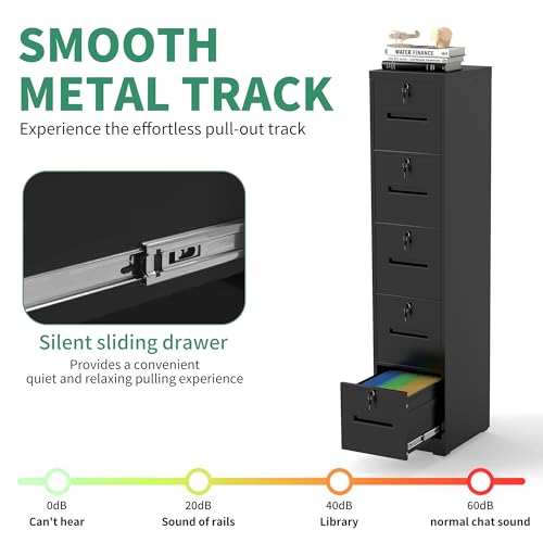 VIYET File Cabinet 5 Drawer with Lock, Vertical Filing Cabinets for Home Office, Metal Steel Storage Cabinet for Letter/Legal Size File, Assembly Required(Black)