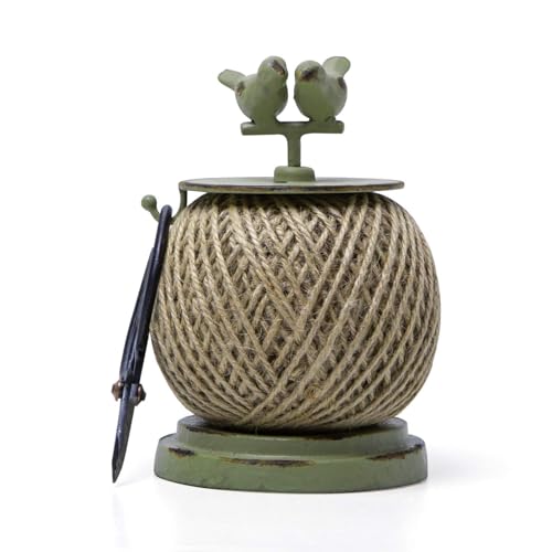 SOFFEE DESIGN Vintage Jute Twine Spool with Scissors Holder Set for Garden Farmhouse Kitchen Antique Twine and Scissors Set Green Birds