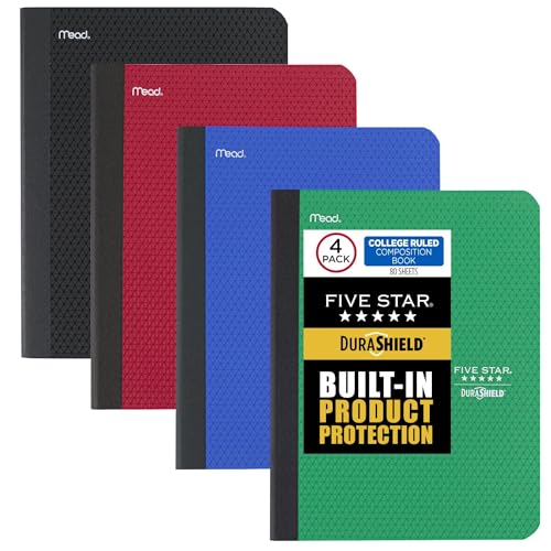 Five Star Composition Books + Study App, 4 Pack, College Ruled Paper, 9-3/4" x 7-1/2", 80 Sheets, Anti-Microbial, Black, Red, Green and Blue (850070A-ECM)