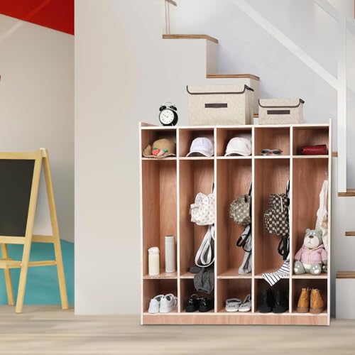 5-Section Classroom Coat Locker with 10 Small Cubbies ,Heavy Duty Storage Organizer with 5 Hooks, 2 Storage Boxes & 4 Hidden Wheels - Wooden Cubby Cabinet for School, Kindergarten, Daycare or Home Us