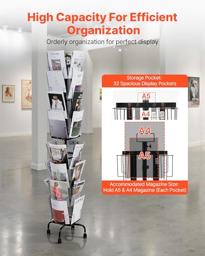 VEVOR Greeting Cards Display Rack, 32 Pockets Rotating Postcard Brochure Display Stand, 360° Spinning Card Display Rack with Sign Holder & 4 Wheels (2 Lockable) for Exhibitions Office Trade Show