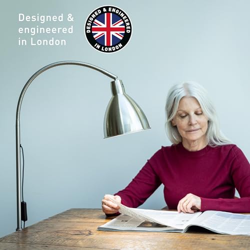Daylight FlexiVision 2™ LED Floor Lamp – 3,500 Lux at 12", 5 Brightness Levels, 3 Color Temperatures, 95+ CRI, Adjustable Arm & Swivel Head, Anti-Tip Base, Low Vision Aid – Brushed Steel