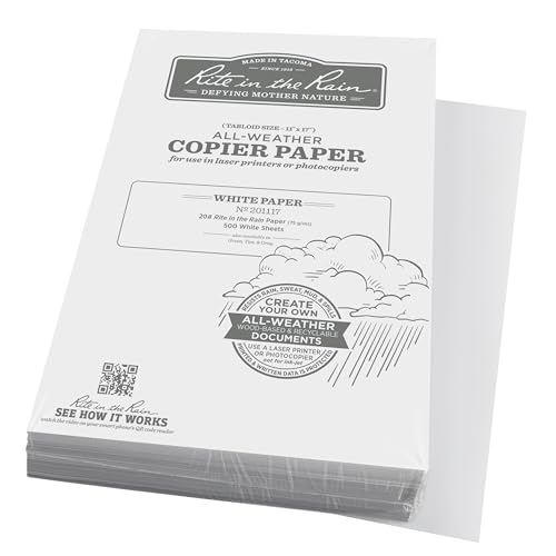 Rite In The Rain Weatherproof Laser Printer Paper, Tabloid Paper Size 11" x 17", 20# White, 500 Sheet Pack (No. 201117)