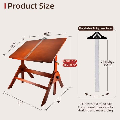 Stuelloaf Walnut Solid Wood Adjustable Drafting Table, Art Drawing Desk
