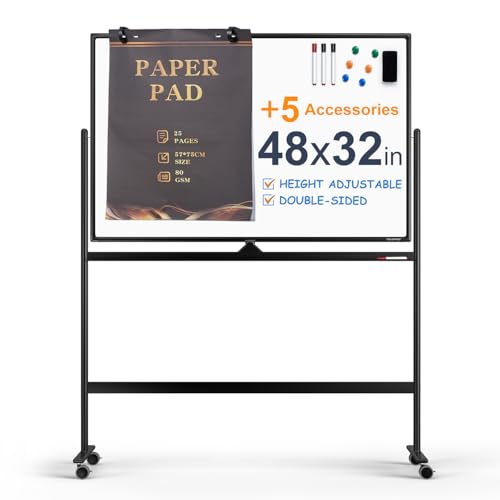 Large Dry-Erase Rolling Magnetic Whiteboard - 48 x 32 Inches Dry Erase Board with Stand Height Adjust Double Sides Mobile White Board Easel on Wheels with 25 Sheets Paper Pad Office, Home & Classroom