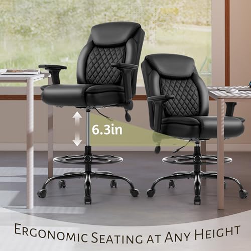 Drafting Chair,Executive Tall Office Chair Flip-up Armrests for Counter Height Desk Drawing Use,High Task Chair with Adjustable Foot Ring & Inflatable Lumbar Support, Swivel Computer Stool,PU Black