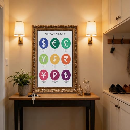 What Are The CURRENCY SYMBOLS Currency Chart Poster Educational Posters Money Poster Math Rules Classroom Decor Canvas for Elementary Middle School Classroom Education Retro Gold Frame24"L X 36"W