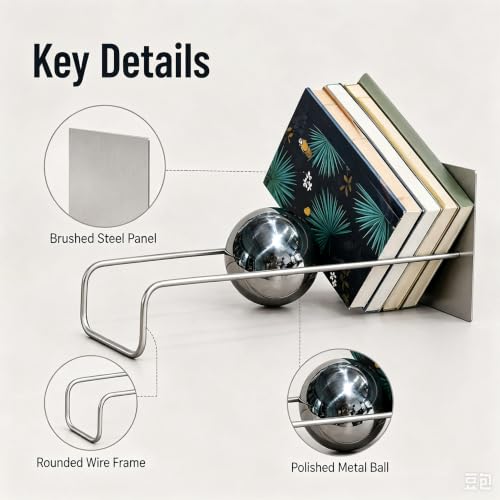 Gravity Ball Bookend, Stainless Steel Desktop Magazine Rack & Book Organizer, 18.9" Slanted Display Stand, Modern Decorative Book Holder for Office, Home, Entryway & Stainless Blue Ball